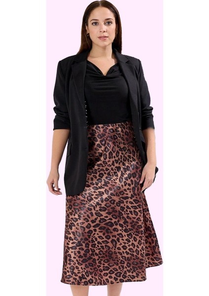 Kadın A Line Midi Etek Leopar Desenli Polyester Dokuma Kumaş Günlük Stil Dayanıklı Malzeme