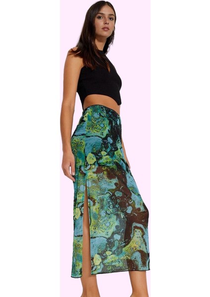 Kadın Kalem Etek Astarlı Maxi Boy Örme Tül Yaz Iç Göstermeyen Soyut Desenli Günlük Kullanım