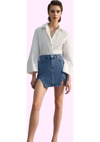 Kadın Pamuklu Denim A Line Mini Etek Yırtmaçlı Detaylı Rahat Günlük Yaz Aylarının Vazgeçilmezi fiyatları