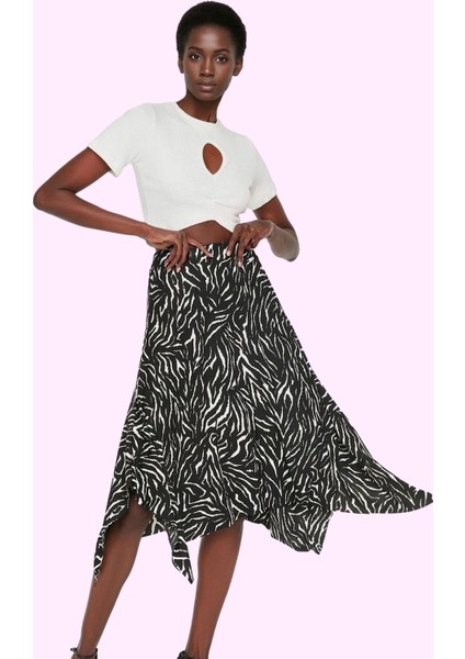 Kadın Yüksek Bel Midi Etek Zebra Desenli Asimetrik Kesim Örme Kumaş Günlük Kombin Hafta Sonu fiyatları