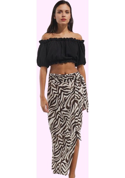 Kadın Yırtmaçlı Sarong Zebra Desenli Etek Viskoz Kuşak Detayı Günlük Şıklık Modern Tasarım