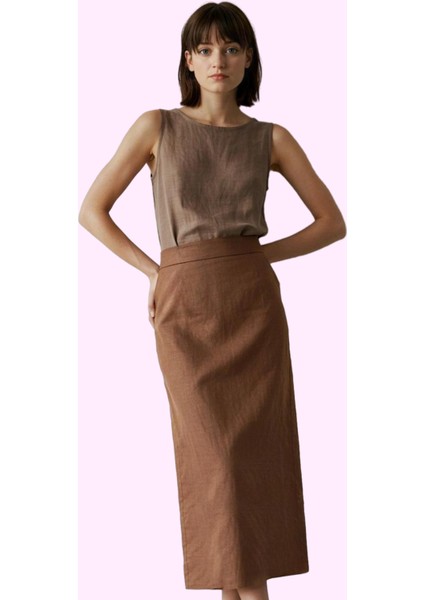 Kadın Pamuk Keten Görünümlü Midi Kalem Etek Günlük ve Ofis Şıklığı Yaz Aylarının Vazgeçilmezi