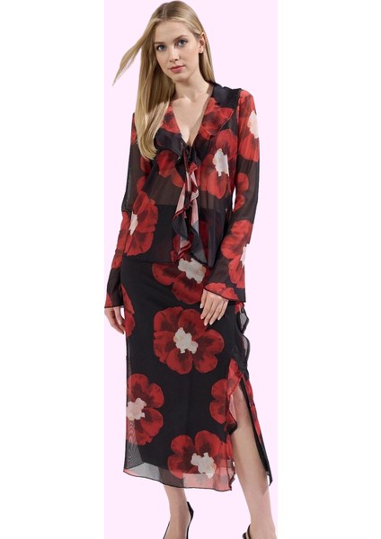 Kadın Çiçek Desenli Yüksek Belli Midi Etek Kalem Kalıp Tül Kumaş Günlük Stil Modern Tasarım