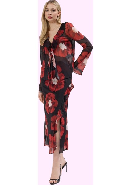 Kadın Çiçek Desenli Yüksek Belli Midi Etek Kalem Kalıp Tül Kumaş Günlük Stil Modern Tasarım fiyatları