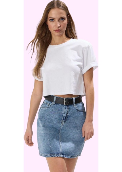 Kadın A Line Taş Detaylı Denim Mini Etek Pamuk Yazlık Günlük Kullanım Yaz Aylarının Vazgeçilmezi