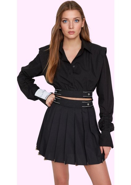 Kadın Mini Etek Metal Detaylı Kemerli A Line Poplin Kumaş Günlük Kullanım Kaliteli Malzeme