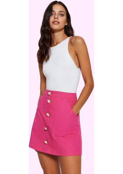 Kadın Önden Düğmeli Mini Etek Pamuk A Line Günlük Kullanım Hafta Sonu Yaz Aylarının Vazgeçilmezi