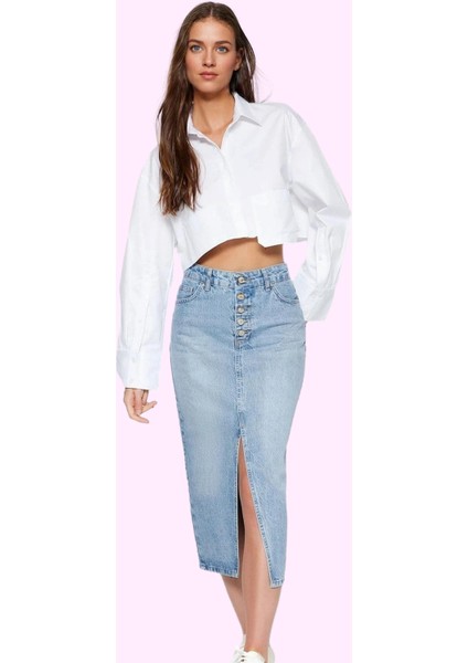 Kadın Pamuk Denim Midi Etek Yırtmaçlı A Line Kalıp Günlük Şıklık Yaz Aylarının Vazgeçilmezi