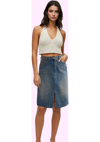 Kadın Basic Denim Midi Etek; Yırtmaçlı Rahat Pamuk Günlük Kullanım Yaz Aylarının Vazgeçilmezi