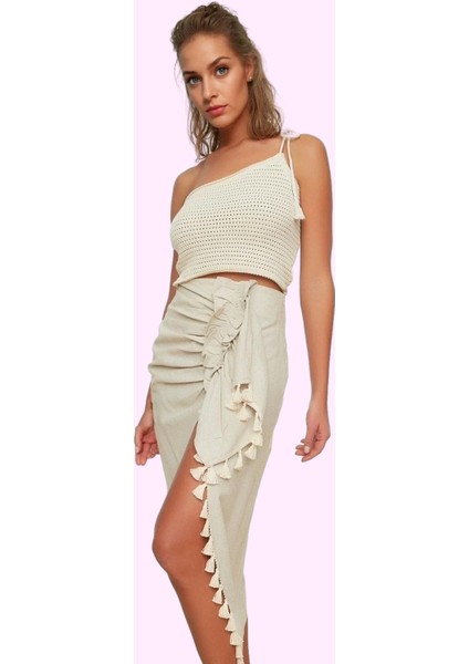 Kadın Plaj Etek Keten Görünümlü Midi Boy Sarong Kemer Detayı Günlük Kullanım Modern Tasarım fiyatları