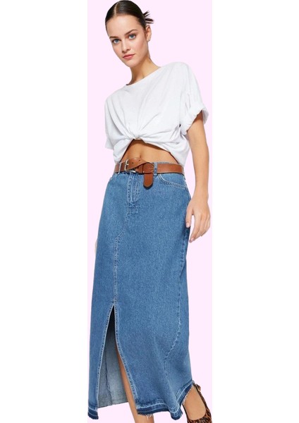 Kadın Pamuklu Denim Maxi Etek Yırtmaçlı A Line Günlük ve Şık Kombinler Için Modern Tasarım
