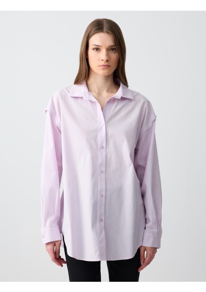 Lila %100 Pamuk Rahat Kesim Uzun Kollu Poplin Dokuma Gömlek