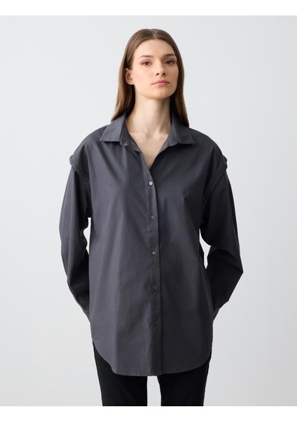 Antrasit %100 Pamuk Rahat Kesim Uzun Kollu Poplin Dokuma Gömlek