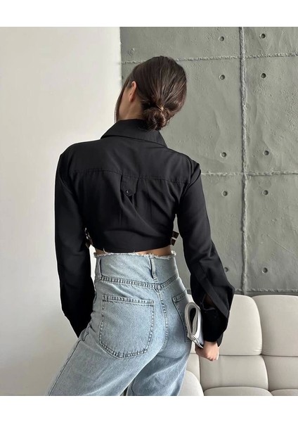 Yanı Kemer Detaylı Crop Gömlek Siyah S4009 fırsatları
