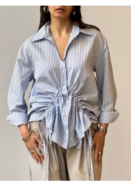 Önü Büzgü Detaylı Çizgili Gömlek