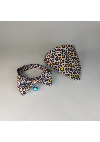 Kedi Boyun Tasması Leopar Desenli Kedi Fular / Bandana ve Çıngıraklı Papyon Seti