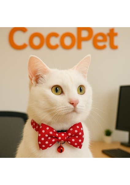 Papyonlu Kedi Tasması Fiyonk Tasma Kırmızı Beyaz Puantiye Desenli 17-30 cm Uyarı Zilli