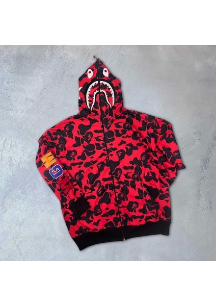 Unisex 2 Iplik Bape Kapüşonu Fermuarlı Hırka - Kırmızı fiyatları