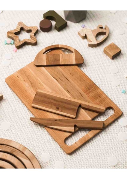 Ahşap Güvenli Çocuk Kesme Tahtası ve Bıçağı 4 Parça