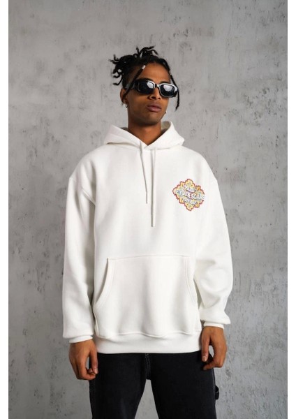 Erkek Kilim Desen Kapüşonlu Sweat- Beyaz fırsatları