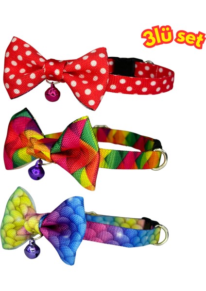 Papyonlu Kedi Boyun Tasmas 3 Lü Set Papyonlu Zilli 17-30 cm Ayarlanabilir Kedi Papyon Fiyonk