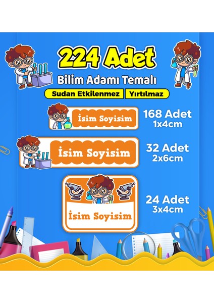 Bilim Adamı Temalı Okul Kreş Kişiye Özel Isim Etiket Seti - Model 609