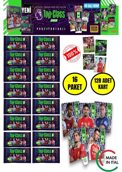 Panini Top Class 2025 Premier League Koleksiyon Futbolcu Kartları (16 Paket & 128 Adet Kart )