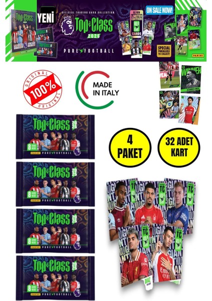 Panini Top Class 2025 Premier League Koleksiyon Futbolcu Kartları ( 4 Paket & 32 Adet Kart )