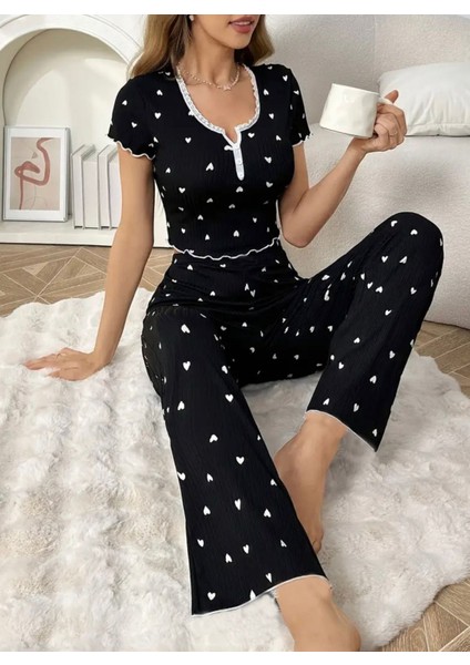 Kısa Kollu Kalp Baskılı Yazlık Beyaz Pijama Takımı