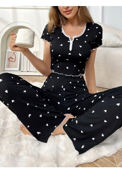 Kısa Kollu Kalp Baskılı Yazlık Beyaz Pijama Takımı fiyatları
