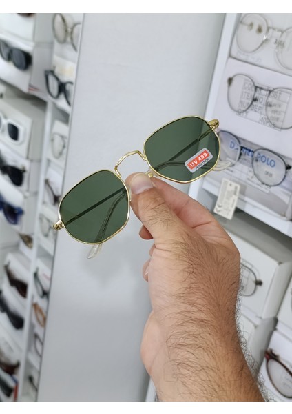 Beşgen Güneş Gözlüğü Yeşil Cam Gold Renk Çerçeve fiyatları