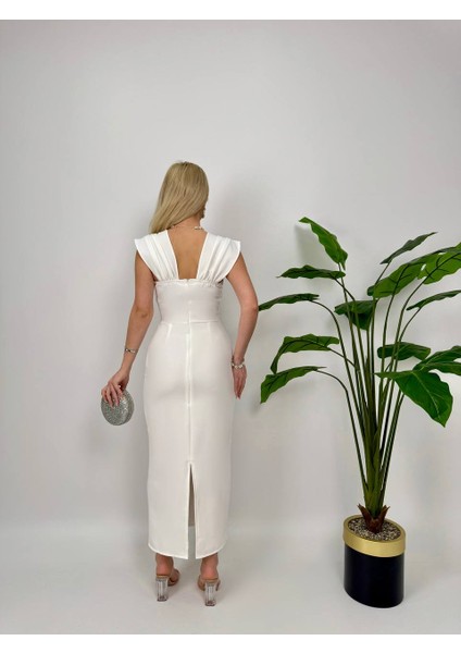 Yaka Taş Detaylı Midi Arkadan Yırtmaç Detaylı Düğün/davet/mezuniyet/söz Elbisesi fiyatları