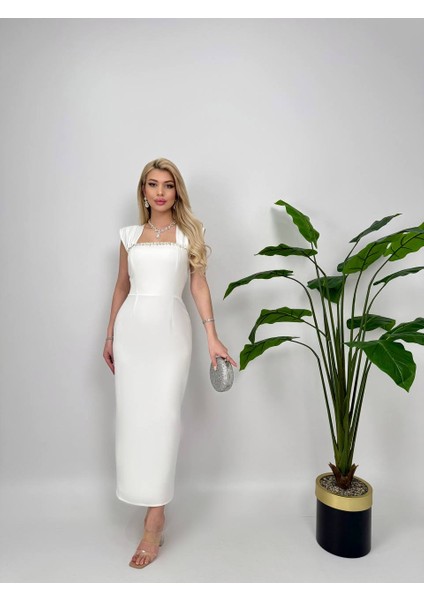 Yaka Taş Detaylı Midi Arkadan Yırtmaç Detaylı Düğün/davet/mezuniyet/söz Elbisesi modelleri