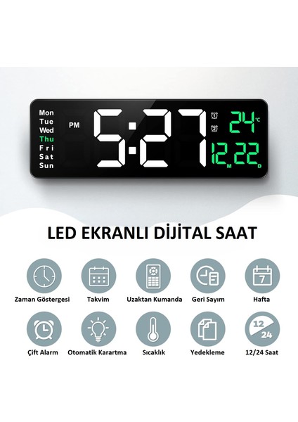 LED Ekranlı Dijital Duvar Saati Çift Alarm Sıcaklık Takvim Gösterimi Geri Sayım Otomatik Karartma Uzaktan Kumandalı Haftalık Gösterimli Parlaklık Ayarlı Zamanlayıcılı fırsatları
