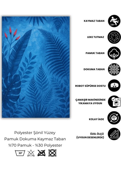 Yaprak Desenli Mavi Halı Dijital Baskılı Dokuma Kaymaz Tabanlı Yıkanabilir Antialerjik Pati Dostu Yazlık Halısı fırsatları