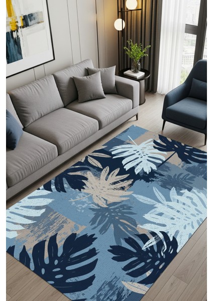 Yaprak Desenli Mavi Halı Dijital Baskılı Dokuma Kaymaz Tabanlı Yıkanabilir Antialerjik Pati Dostu Yazlık Halısı