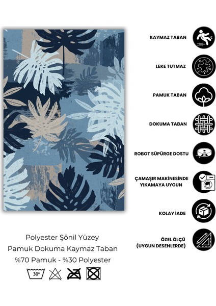 Bej Mavi Yapraklı Modern Halı Dijital Baskılı Dokuma Kaymaz Tabanlı Yıkanabilir Antre Halısı