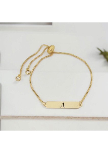 14 Ayar Plakalı Altın A Harfine Özel Zincirli Dikdörtgen Motifli Hediye BILEKLIK-400HARF
