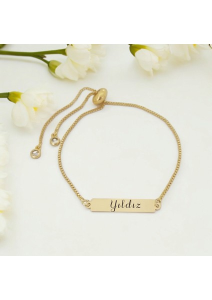 Altın Plakalı 14 Ayar Yıldız Ismine Özel Dikdörtgen Motifli Zincirli Hediye BILEKLIK-400ISIM
