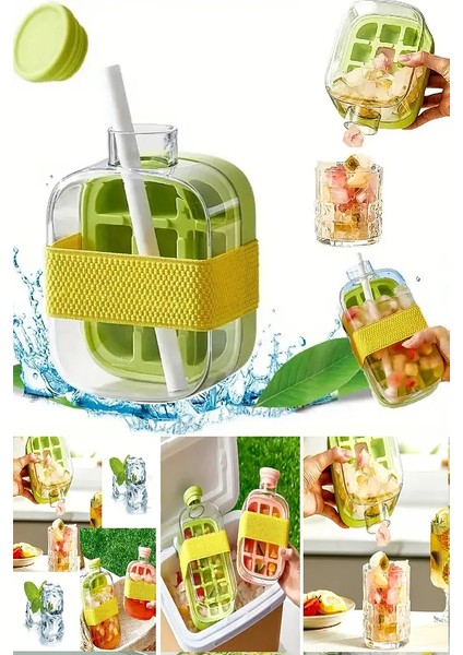 Basmalı Otomatik Buz Kalıbı 18 Hazneli Buzluk ve Pipetli Su Şişesi Kapaklı Buz Kalıbı 500 ml Yeşil