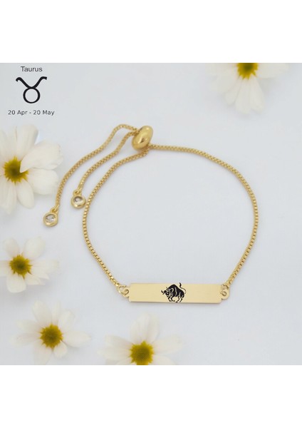 14 Ayar Altın Plakalı Boğa Burçları Için Dikdörtgen Motifli Zincirli Hediye BILEKLIK-400BURÇ