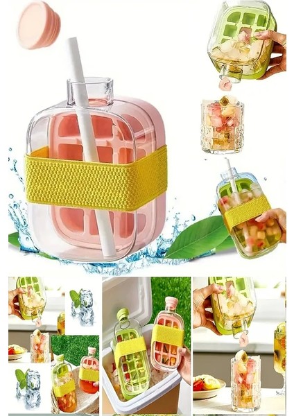 Basmalı Otomatik Buz Kalıbı 18 Hazneli Buzluk ve Pipetli Su Şişesi Kapaklı Buz Kalıbı 500 ml Pembe