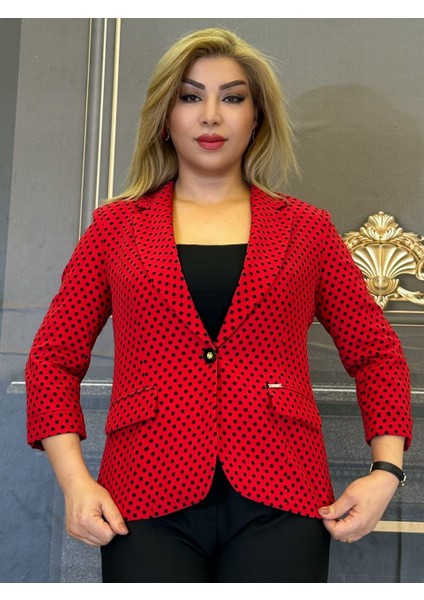 Kırmızı Puantiyeli Ceket,kadın,blazer,desenli,krep,astarlı,dekoratif Cep,3çeyrek Kol,tek Düğmeli fırsatları