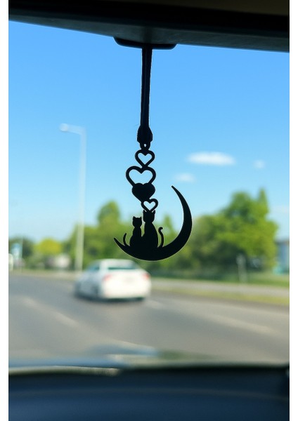 Lazer Kesim “🐱🌙🐱” Hilal Ay Üzerinde 2 Kedi Araba Dikiz Aynası Süsü