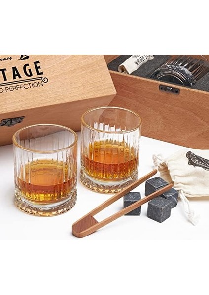Yaş Tasarımlı Ahşap Kutulu 2'li Glasgow Viski Kadeh Seti + 6 Soğutucu Taş modelleri