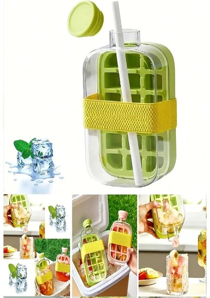 Yeni Nesil Buz Kalıbı Basmalı Pipetli Su Şişesi 18 Bölmeli Hazneli Buz Küpü 800 Ml-Yeşil