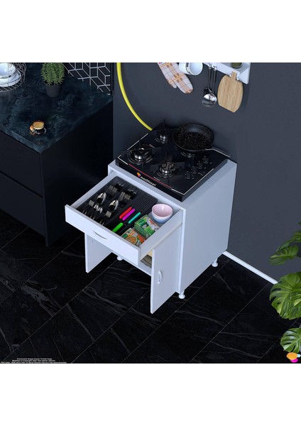 Qplas (M) Set Ocak Altı Dolap 60X88X48 Cm. Çekmeceli, Kapaklı, Raflı ve Baharat Raflı. fırsatları