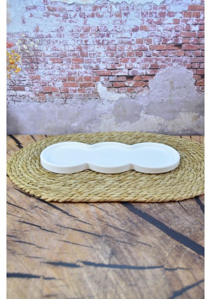 Üç Bölmeli Taş Tozu Dekoratif Tepsi Mumluk Sunum