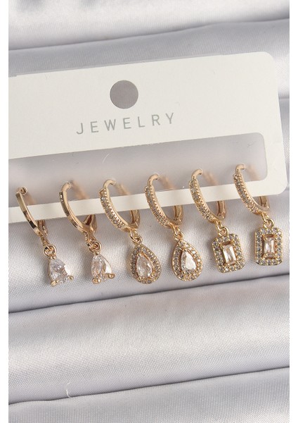 Pirinç Gold Renk Sallantı Zirkon Taşı Damla Model Kadın Küpe Seti - TJ-BKP10120