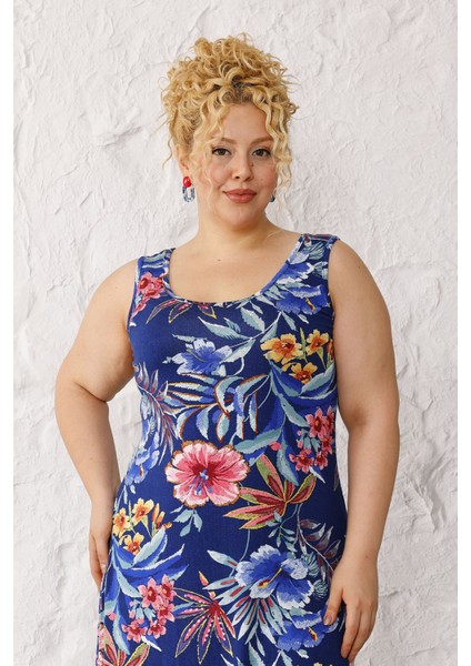 Kadın Lacivert Pembe Tropikal Desen Askılı Büyük Beden Elbise